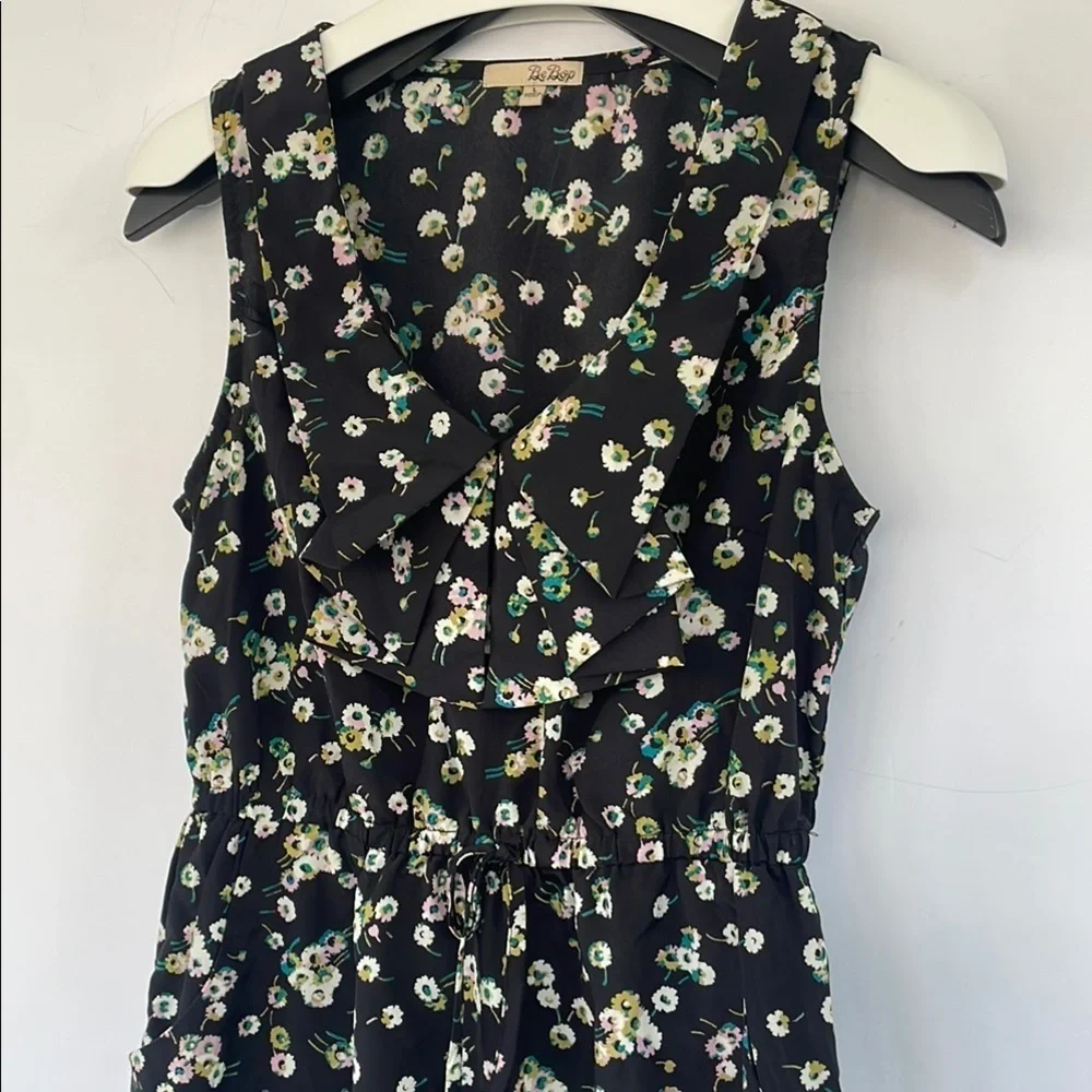 BeBop Black Floral Dress Decorative Sailor Bib Drawstring Waist Pockets Large
